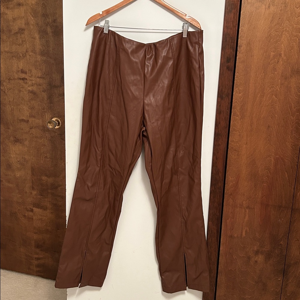Brown Pull on Flare Leather Pants